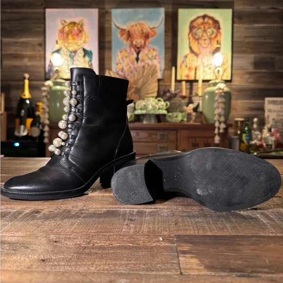 Zara Black Leather and Pearl Ankle Boots - Picture 5 of 5